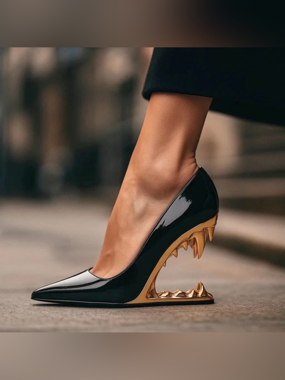Women's Open Mouth Gold Fang Patent Leather Wedge Heels, Black 9